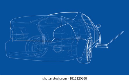 Concept car with Floor Car Jack. Vector rendering of 3d. Wire-frame style. The layers of visible and invisible lines are separated