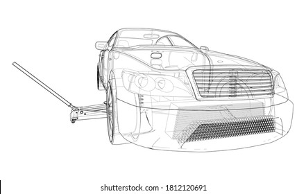 Concept car with Floor Car Jack. Vector rendering of 3d. Wire-frame style. The layers of visible and invisible lines are separated