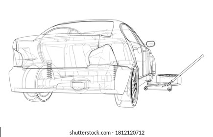 Concept car with Floor Car Jack. Vector rendering of 3d. Wire-frame style. The layers of visible and invisible lines are separated