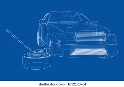 Coche de diseño con el Jack de coches del piso. Representación vectorial de 3d. Estilo de marco de cables. Las capas de líneas visibles e invisibles están separadas