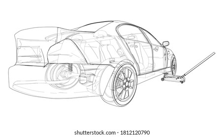 Concept car with Floor Car Jack. Vector rendering of 3d. Wire-frame style. The layers of visible and invisible lines are separated