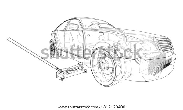 Concept car with Floor Car Jack. Vector\
rendering of 3d. Wire-frame style. The layers of visible and\
invisible lines are\
separated