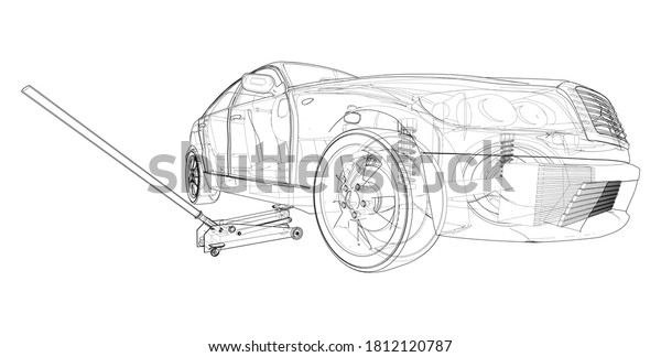Concept car with Floor Car Jack. Vector\
rendering of 3d. Wire-frame style. The layers of visible and\
invisible lines are\
separated