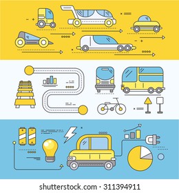 Concept car of the future road transport. Traffic automobile, drive technology, auto electric, futuristic engine, innovation efficiency progress illustration. Set of thin, lines, outline flat icons