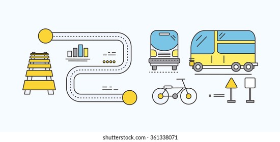 Concept car of the future road transport. Traffic automobile, drive technology, auto electric, futuristic engine, innovation efficiency progress illustration. Set of thin, lines, outline flat icons