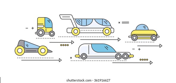 Concept car of the future road transport. Traffic automobile, drive technology, auto electric, futuristic engine, innovation efficiency progress illustration. Set of thin, lines, outline flat icons