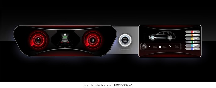The concept car instrument panel, red backlight and a additional display settings of the car. Vector illustration.