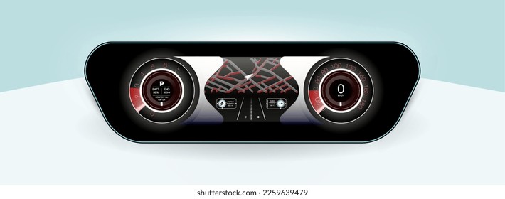 Die Concept Car-Instrumentenplatte, rote Hintergrundbeleuchtung und eine zusätzliche Display-Einstellung des Autos. Vektorgrafik.	
