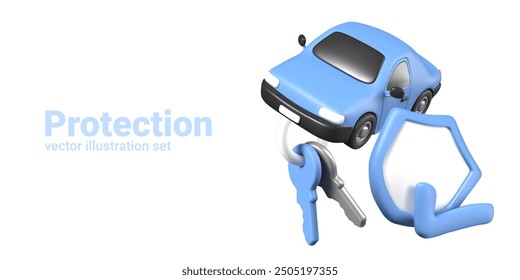 Concept of car insurance. 3D car, keys, shield. Protection. Set of vector templates