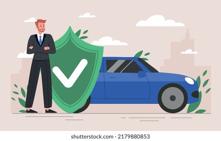 Concept of car insurance. Human insured his property against accidents or natural disasters. Man with shield sign standing by machine. Design element for web banner. Cartoon flat vector illustration