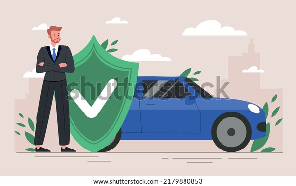 Concept of car insurance. Human insured his\
property against accidents or natural disasters. Man with shield\
sign standing by machine. Design element for web banner. Cartoon\
flat vector\
illustration