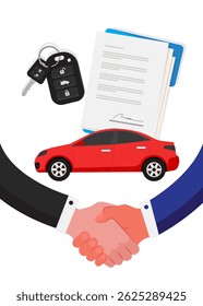The concept of car insurance or a salesman shaking hands with a buyer after signing a sales contract or agreement.