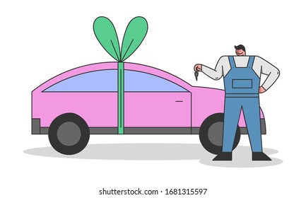 Concept Of Car Manufacturing Process. Car Factory Worker Or Manager Is Standing And Holding Keys From New Car Prepared Like A Gift With A Bow. Cartoon Linear Outline Flat Style. Vector Illustration