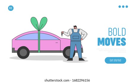 Concept Of Car Manufacturing Process. Website Landing Page. Car Factory Worker Is Standing And Holding Keys From New Car Prepared Like A Gift. Cartoon Linear Outline Flat Vector Illustration
