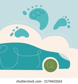 Concept with car produces, car with start up  CO2. Sources polluted the world. Global problem with big emissions co2. Vector illustration green politics, BIG massage for carbon-neutral, hand drawn art