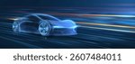 A concept car racing at high speed. Fast auto, green technology, sport vehicle, electric car, future automotive, glowing light, ,3d racer, race track, night drive, silhouette automobile.