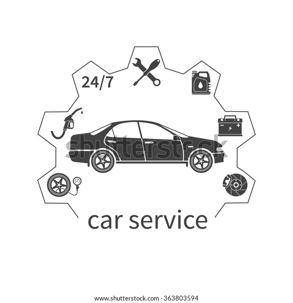 Concept car\
service. Auto service and repair icons isolated. Fuel, pressure in\
the tires, battery, brakes, 24/7, oil. Template web banners and\
promotional materials. Vector\
illustration