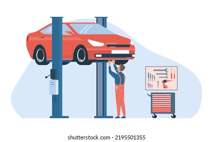 Concept for car service. Mechanic working with a car raised on a lift. Vector illustration.