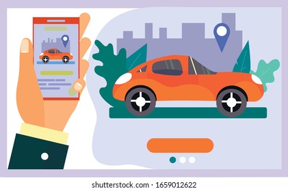 El concepto de camión compartido.   La aplicación de tu smartphone encuentra la ubicación del camión. Reserva. Servicios de alquiler de Camiones a través de la aplicación móvil. Cartel. Ilustración vectorial en estilo plano.
