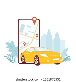 The concept of a car sharing application for a smartphone, geolocation on the city map, fast online taxi search, car rental. Isolated on white background vector illustrations.