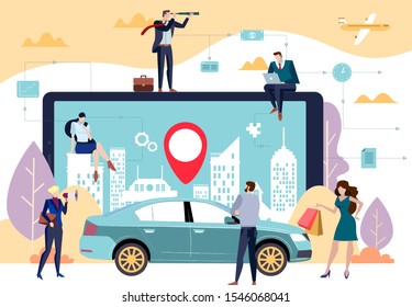 Concept of a car sharing in a city with a geolocation display on an app on a digital device and a car with men and women in the foreground in a colorful vector illustration flat style