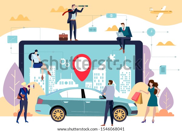 Concept of a\
car sharing in a city with a geolocation display on an app on a\
digital device and a car with men and women in the foreground in a\
colorful vector illustration flat\
style