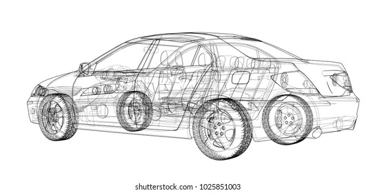 Concept car. Vector rendering of 3d. Wire-frame style. The layers of visible and invisible lines are separated