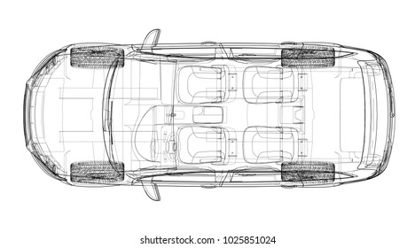 Concept car. Vector rendering of 3d. Wire-frame style. The layers of visible and invisible lines are separated