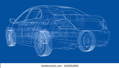 Concept car. Vector rendering of 3d. Wire-frame style. The layers of visible and invisible lines are separated