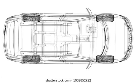 Concept car. Vector rendering of 3d. Wire-frame style. The layers of visible and invisible lines are separated