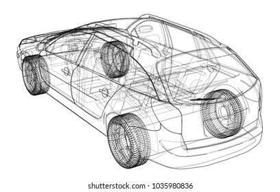 Concept car. Vector rendering of 3d. Wire-frame style. The layers of visible and invisible lines are separated