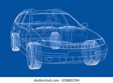 Concept car. Vector rendering of 3d. Wire-frame style. The layers of visible and invisible lines are separated