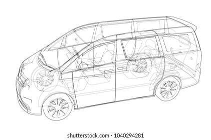 Concept car. Vector rendering of 3d. Wire-frame style. The layers of visible and invisible lines are separated