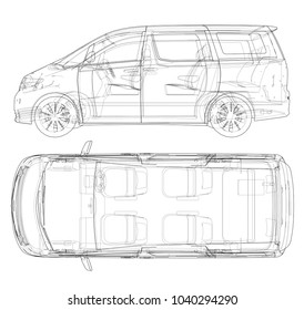 Concept car. Vector rendering of 3d. Wire-frame style. The layers of visible and invisible lines are separated