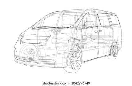 Concept car. Vector rendering of 3d. Wire-frame style. The layers of visible and invisible lines are separated