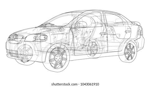 Concept car. Vector rendering of 3d. Wire-frame style. The layers of visible and invisible lines are separated