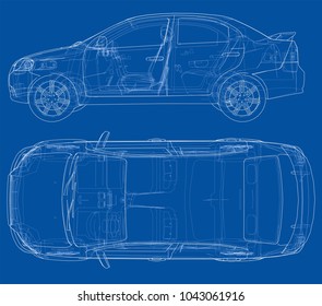 Concept car. Vector rendering of 3d. Wire-frame style. The layers of visible and invisible lines are separated