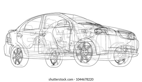 Concept car. Vector rendering of 3d. Wire-frame style. The layers of visible and invisible lines are separated