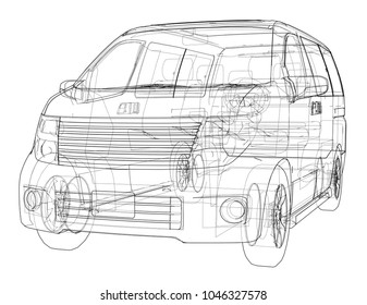Concept car. Vector rendering of 3d. Wire-frame style. The layers of visible and invisible lines are separated