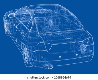 Concept car. Vector rendering of 3d. Wire-frame style. The layers of visible and invisible lines are separated
