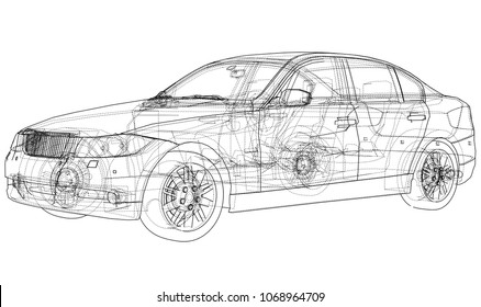 Concept car. Vector rendering of 3d. Wire-frame style. The layers of visible and invisible lines are separated