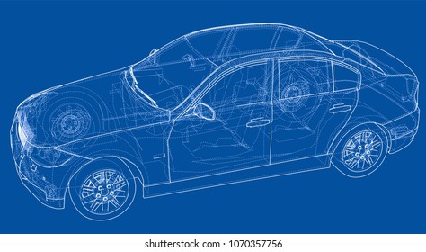 Concept car. Vector rendering of 3d. Wire-frame style. The layers of visible and invisible lines are separated