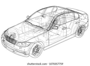 Concept car. Vector rendering of 3d. Wire-frame style. The layers of visible and invisible lines are separated