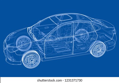 Concept car. Vector rendering of 3d. Wire-frame style. The layers of visible and invisible lines are separated