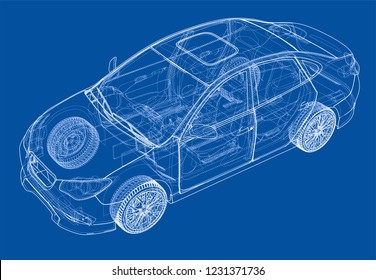 Concept car. Vector rendering of 3d. Wire-frame style. The layers of visible and invisible lines are separated