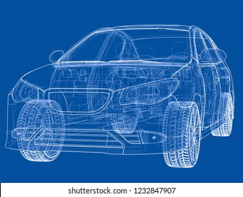 Concept car. Vector rendering of 3d. Wire-frame style. The layers of visible and invisible lines are separated