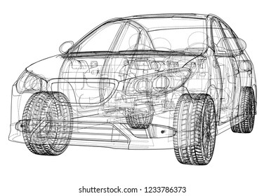 Concept car. Vector rendering of 3d. Wire-frame style. The layers of visible and invisible lines are separated
