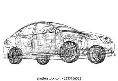 Concept car. Vector rendering of 3d. Wire-frame style. The layers of visible and invisible lines are separated