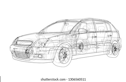 Concept car. Vector rendering of 3d. Wire-frame style. The layers of visible and invisible lines are separated