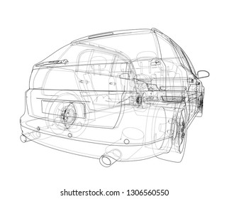 Concept car. Vector rendering of 3d. Wire-frame style. The layers of visible and invisible lines are separated